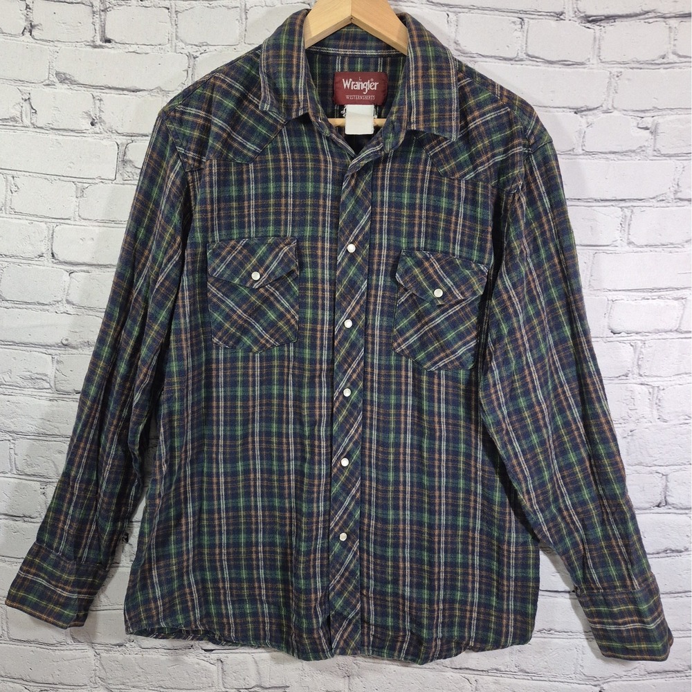 Vintage 90s Wrangler Western Flannel Shirt Mens L Blue Green Plaid Pearl Snap